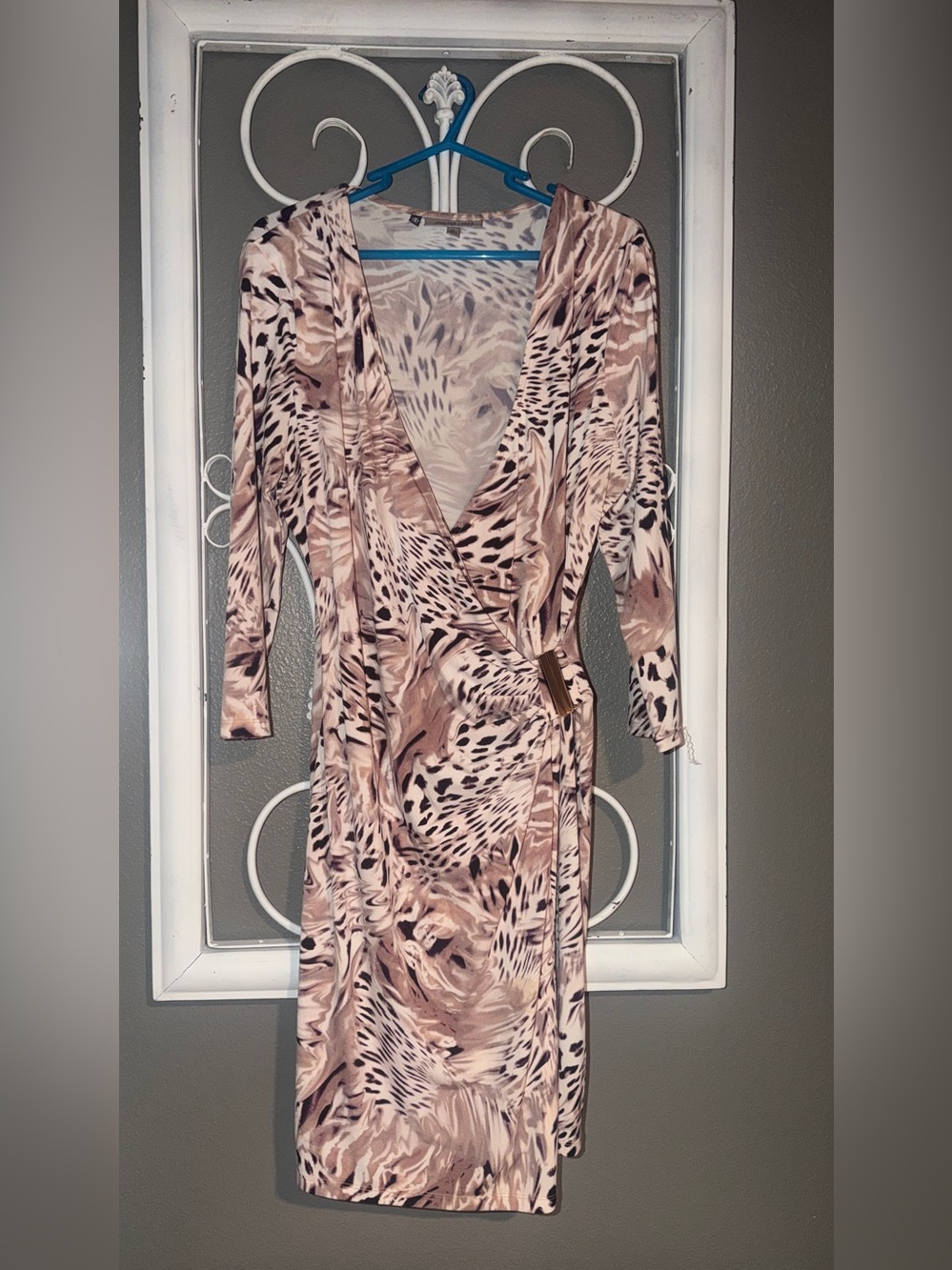 Jennifer Lopez Beige and Black Animal Print Wrap Dress